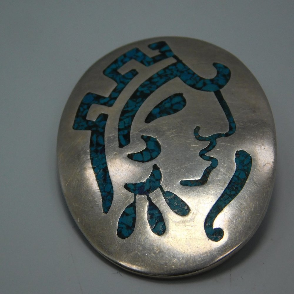 Mexican Taxco Turquoise Warrior Face Brooch/Pendant Sterling Silver